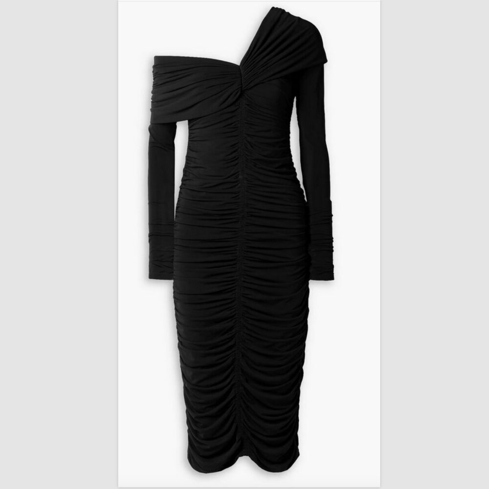 A.L.C. Dress Off Shoulder Sz L Black Ruched Stretch Jersey Midi NWT